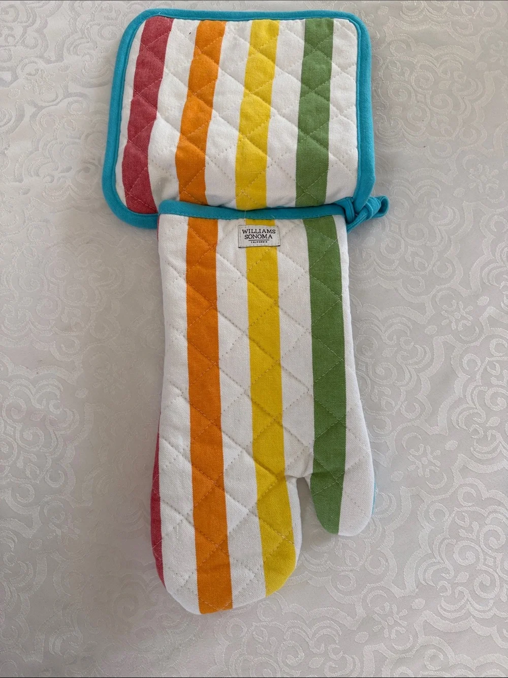Williams Sonoma Striped Oven Mitt and Pot Holder Set in Teal Trim